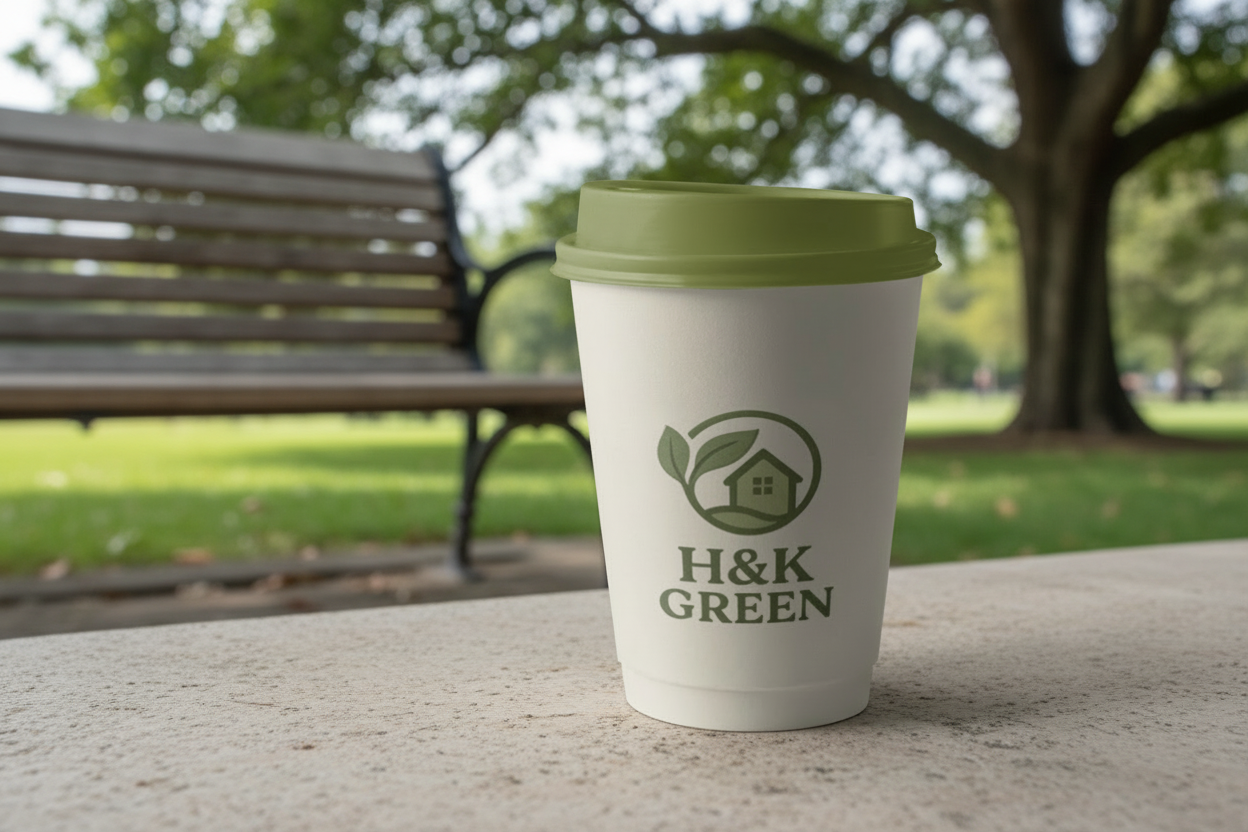 Reusable coffee cup with 'H&K Green' branding on a park bench.