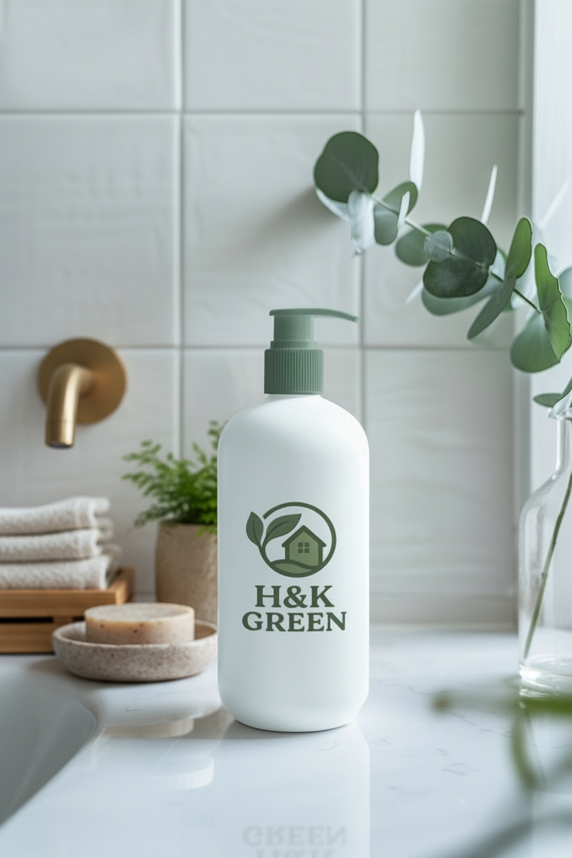 Bottle of H&K Green on a bathroom counter with a plant in the background